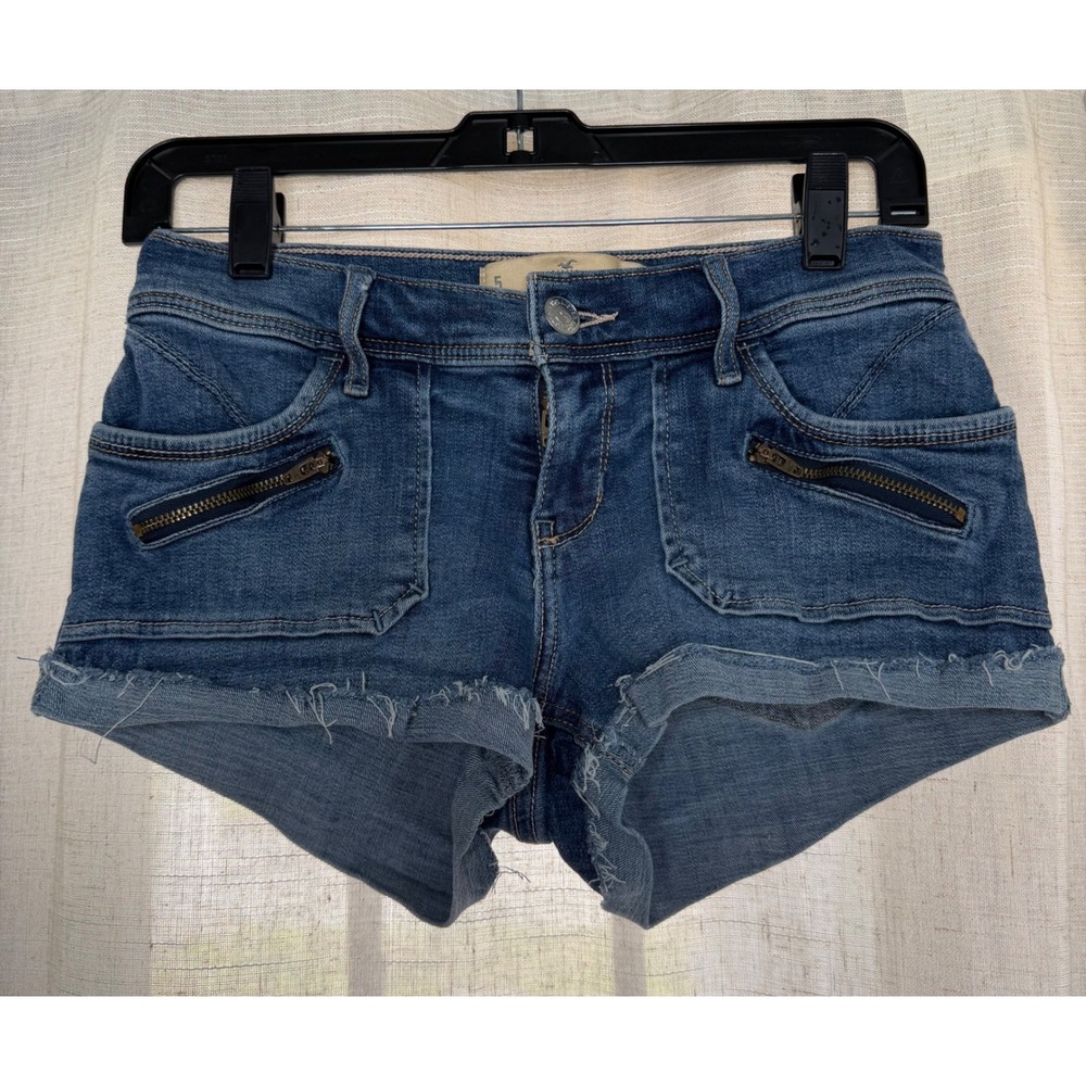 Y2K Hollister Short-Short Low Rise Raw Hem Blue Denim Stretch Women's Size 5/27